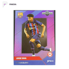 2022-23 DAKA FC Lamine Yamal RC Rookie Purple 10/99 Jersey Number 1/1 Spain shown on a white PAKRA background.