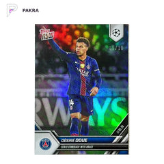 2025-26 Topps Now UCL #89 Desire Doue Seals Comeback Black /10 France shown on a white PAKRA background.