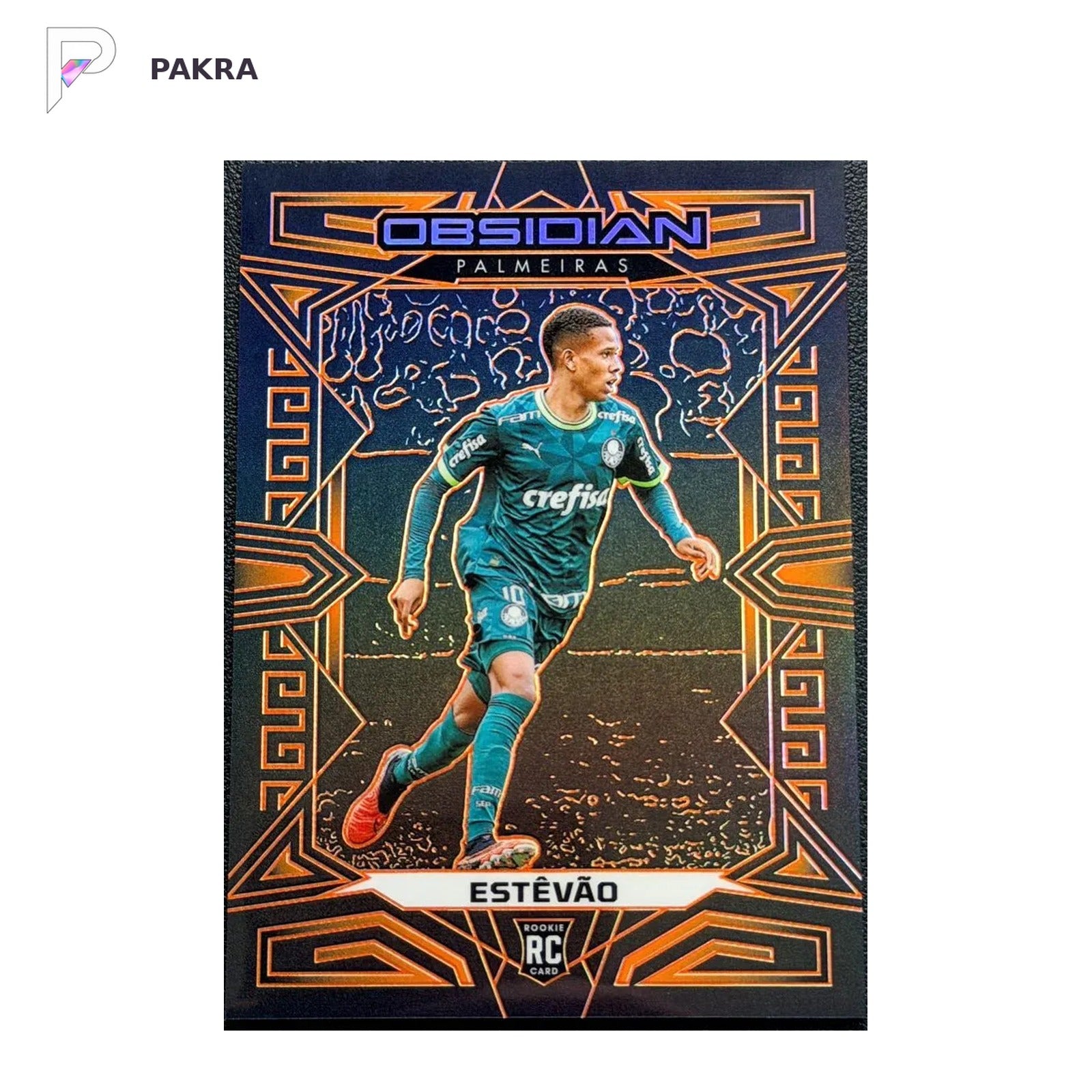 2023-24 Panini Obsidian Electric Etch Orange Estevao RC Rookie /40 shown on a white PAKRA background.