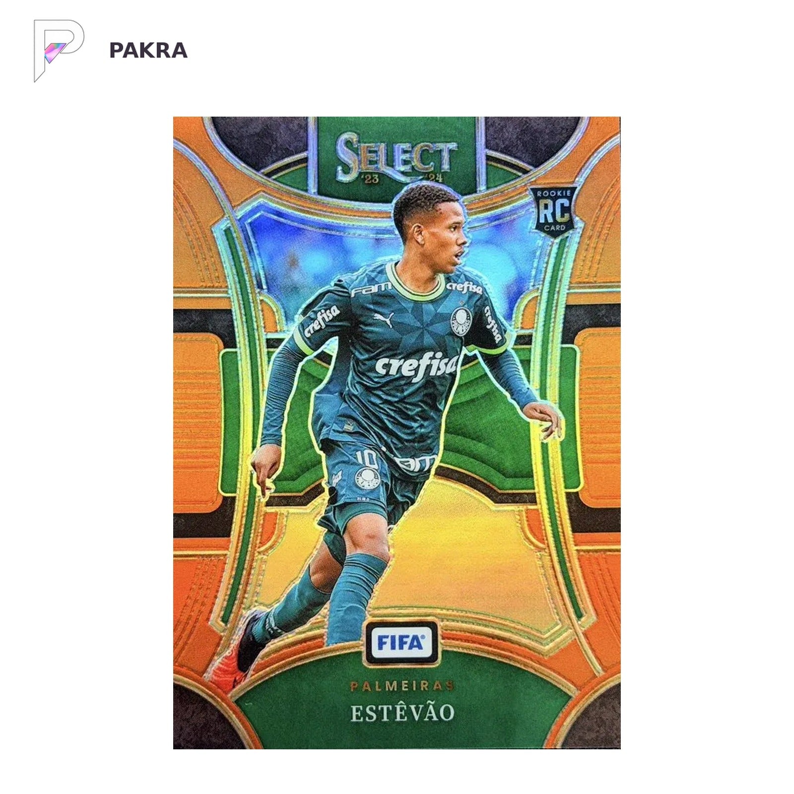 2023-24 Panini Select FIFA Estevao Field Orange RC Rookie /49 shown on a white PAKRA background.