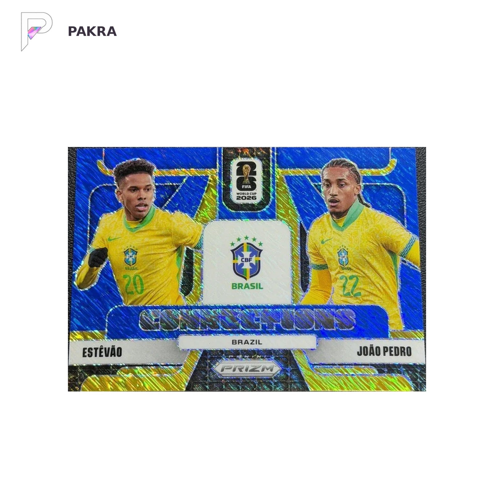 2026 Panini Prizm World Cup Estevao Joao Pedro Connections /8 Blue Shimmer shown on a white PAKRA background.