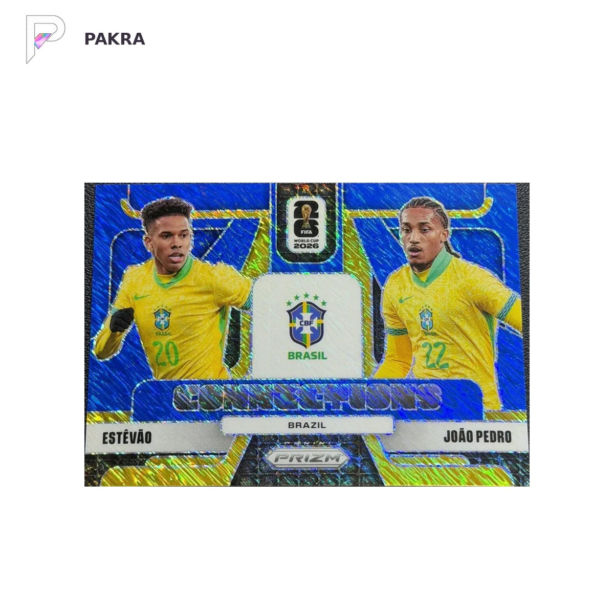 2026 Panini Prizm World Cup Estevao Joao Pedro Connections /8 Blue Shimmer shown on a white PAKRA background.