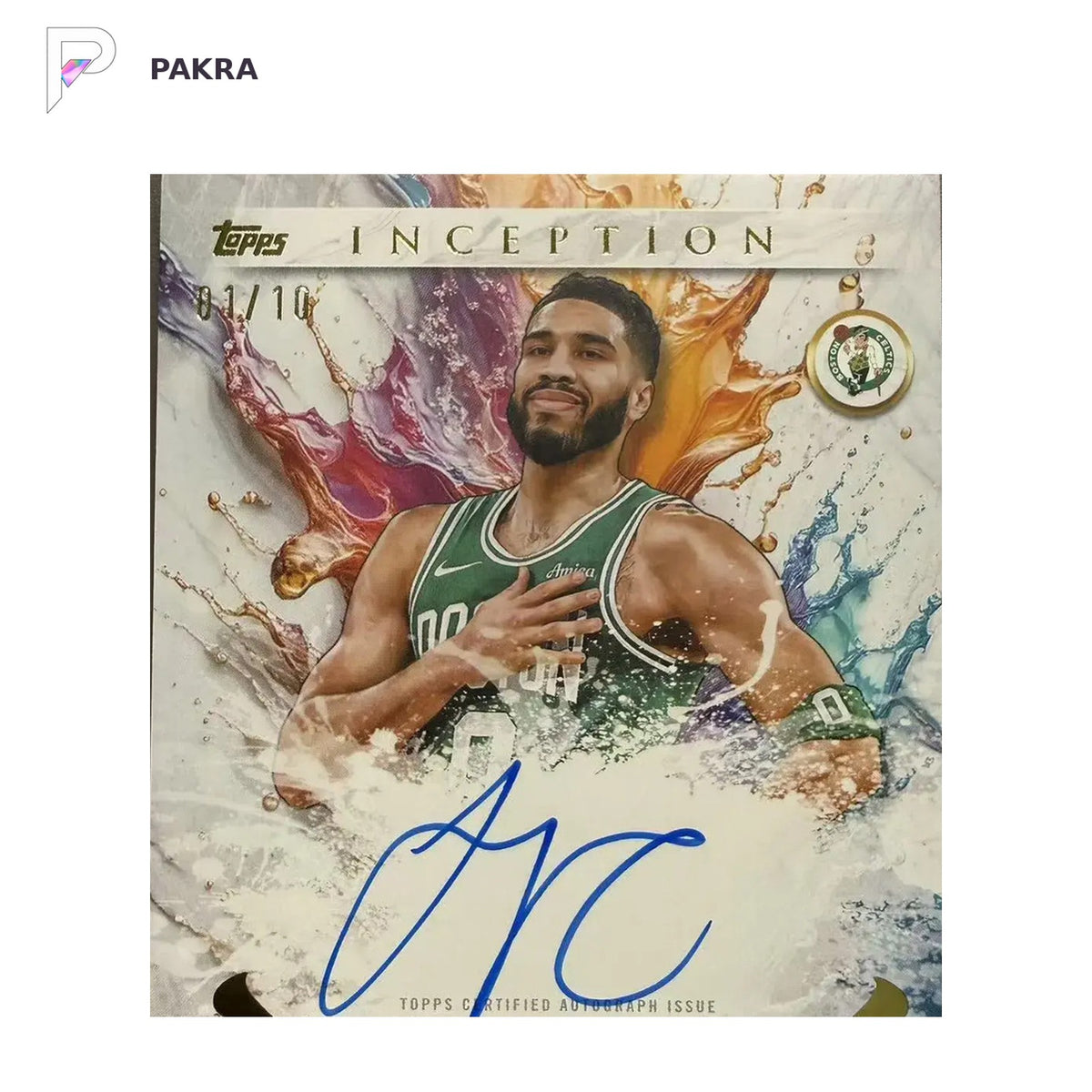 2025-26 Topps Inception Fountain Of Youth Auto Jayson Tatum Gold 1/10 shown on a white PAKRA background.