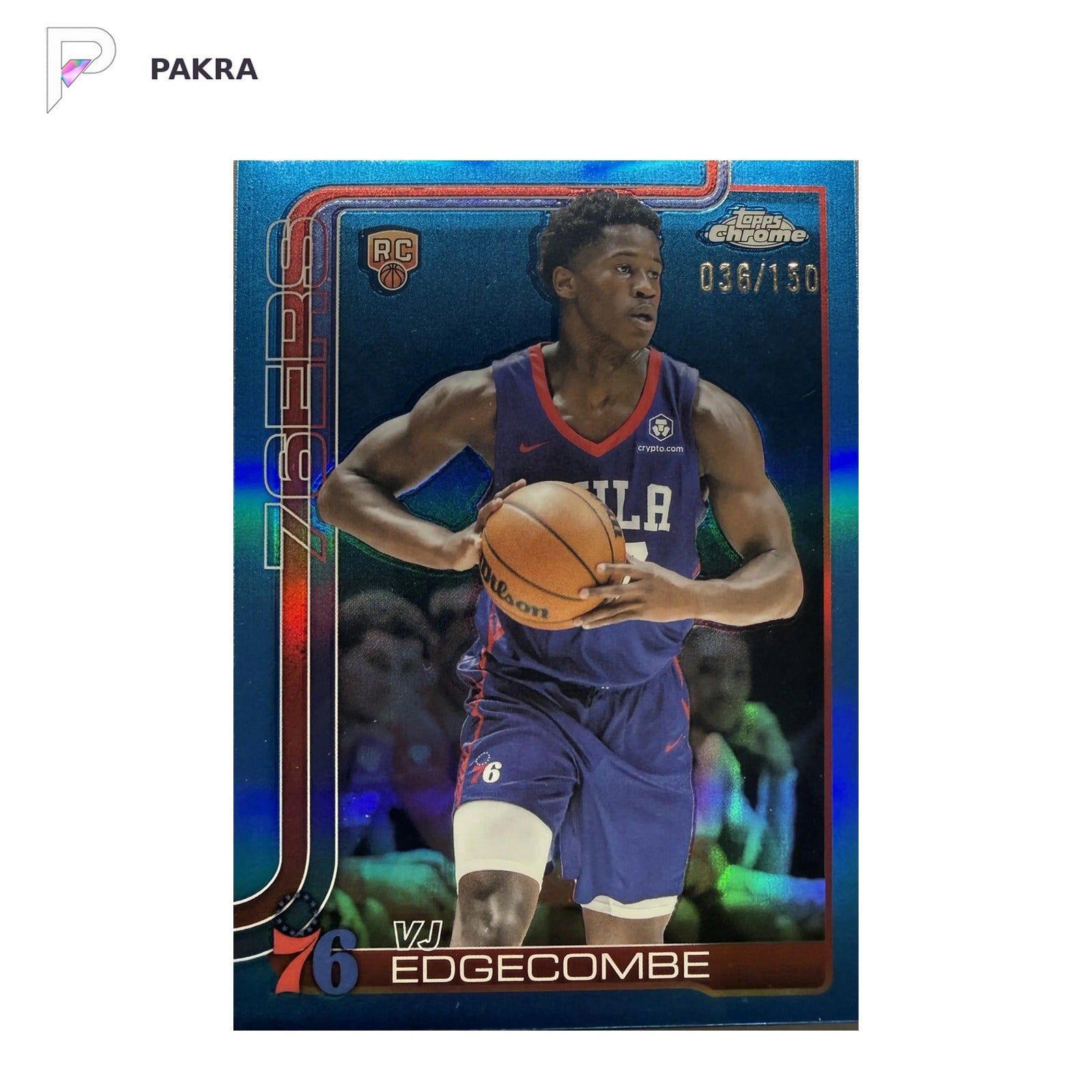 2025-26 Topps Chrome VJ Edgecombe Blue Refractor 36/150 RC 76ers #253 shown on a white PAKRA background.