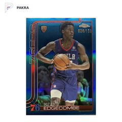 2025-26 Topps Chrome VJ Edgecombe Blue Refractor 36/150 RC 76ers #253 shown on a white PAKRA background.