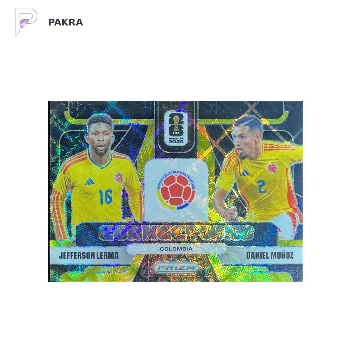 2026 Prizm FIFA Jefferson Lerma Daniel Munoz 1/1 black connections #24 shown on a white PAKRA background.
