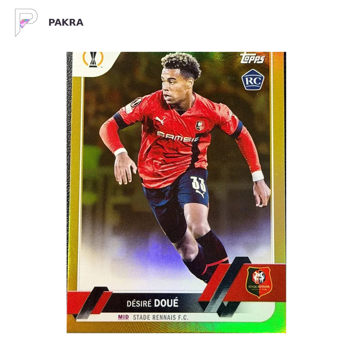 2022-23 Topps UEFA Club Competitions Desire Doue RC Rookie Gold Foil /50 shown on a white PAKRA background.
