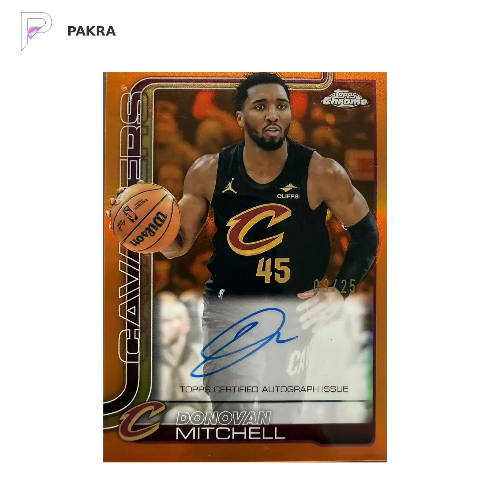 2025-26 Topps Chrome Auto Donovan Mitchell #TCA-DM Orange Refractor 9/25 shown on a white PAKRA background.
