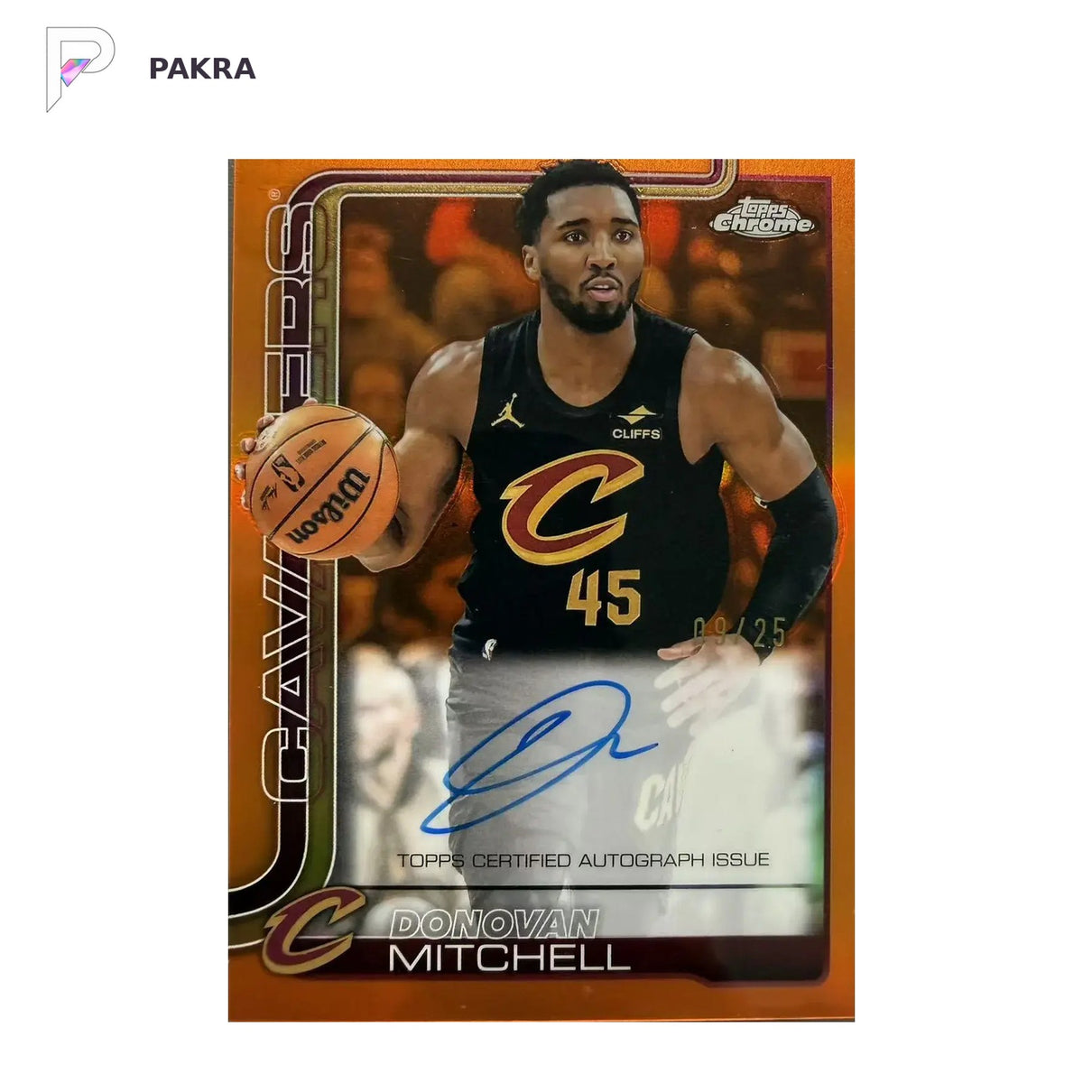 2025-26 Topps Chrome Auto Donovan Mitchell #TCA-DM Orange Refractor 9/25 shown on a white PAKRA background.