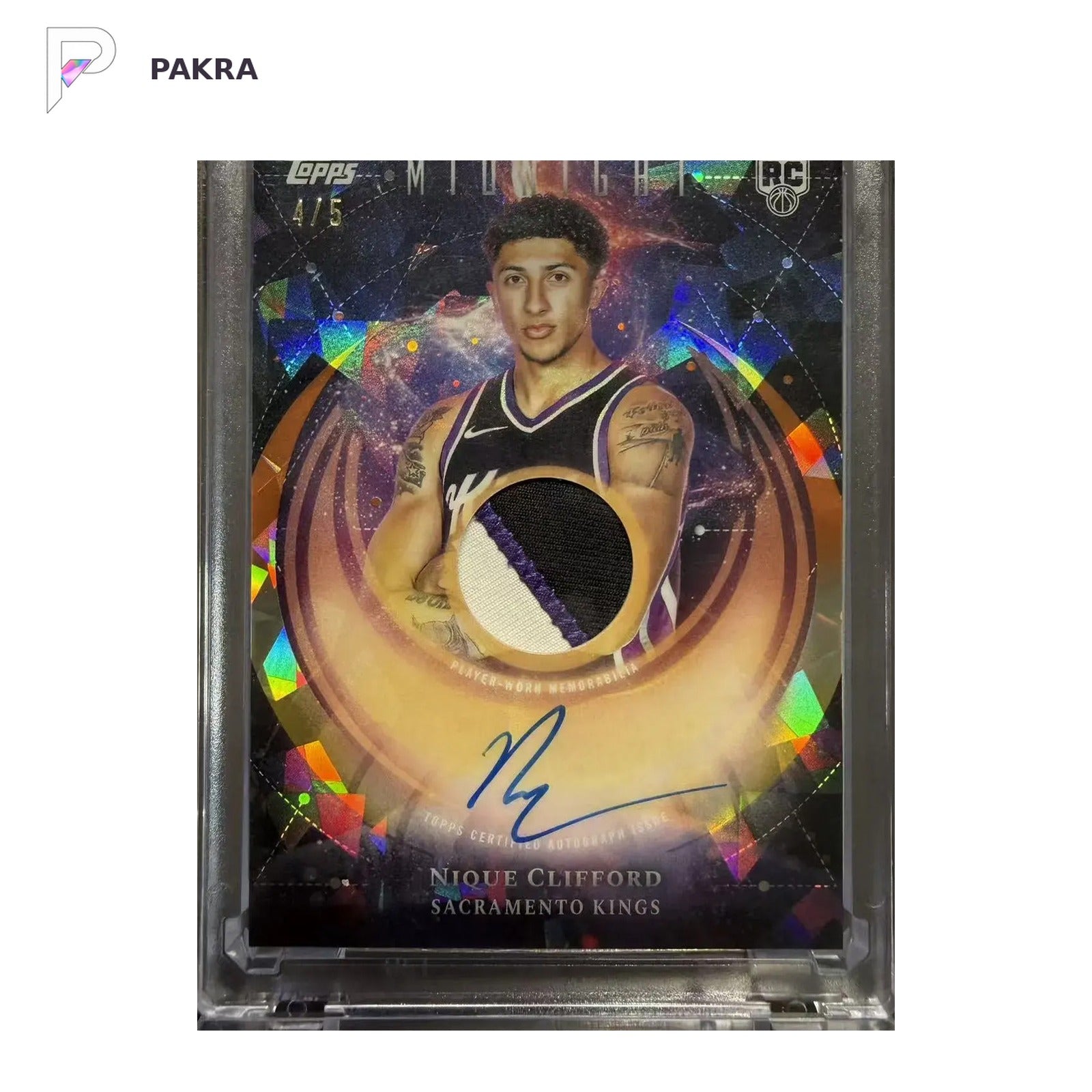 2025-26 Topps Midnight Daybreak Nique Clifford RC PW Relic Auto RPA 4/5 shown on a white PAKRA background.