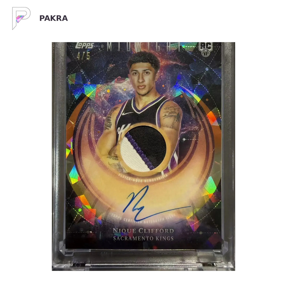 2025-26 Topps Midnight Daybreak Nique Clifford RC PW Relic Auto RPA 4/5 shown on a white PAKRA background.