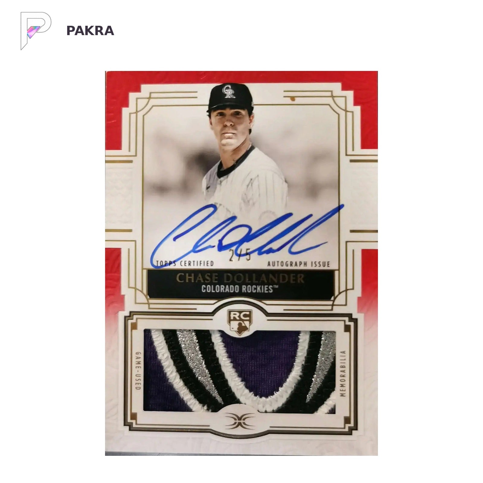 2025 TOPPS DEFINITIVE CHASE DOLLANDER RC ROOKIE RED PATCH AUTO 2/5 shown on a white PAKRA background.