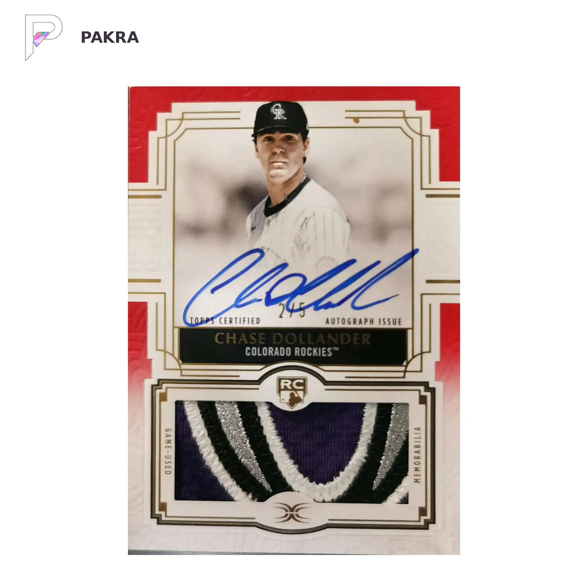 2025 TOPPS DEFINITIVE CHASE DOLLANDER RC ROOKIE RED PATCH AUTO 2/5 shown on a white PAKRA background.