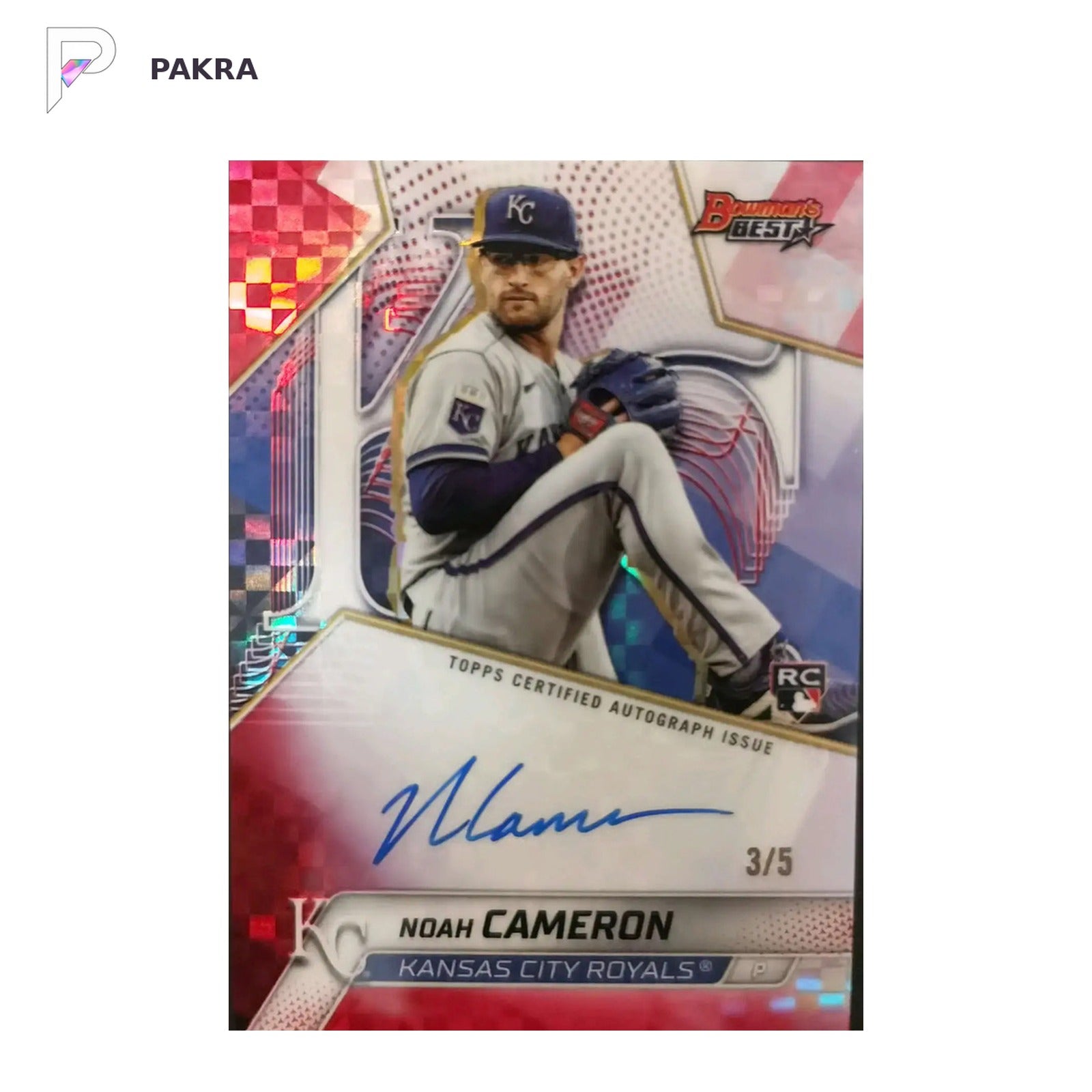 2025 Bowman's Best Autographs Noah Cameron Rookie Auto 3/5 shown on a white PAKRA background.