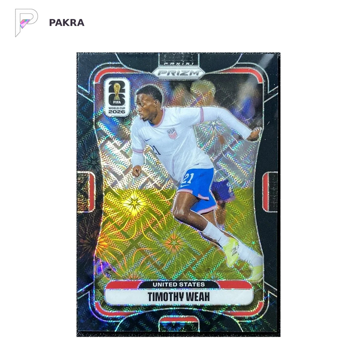 2026 Panini Prizm FIFA World Cup Timothy Weah #443 1/1 black USA shown on a white PAKRA background.