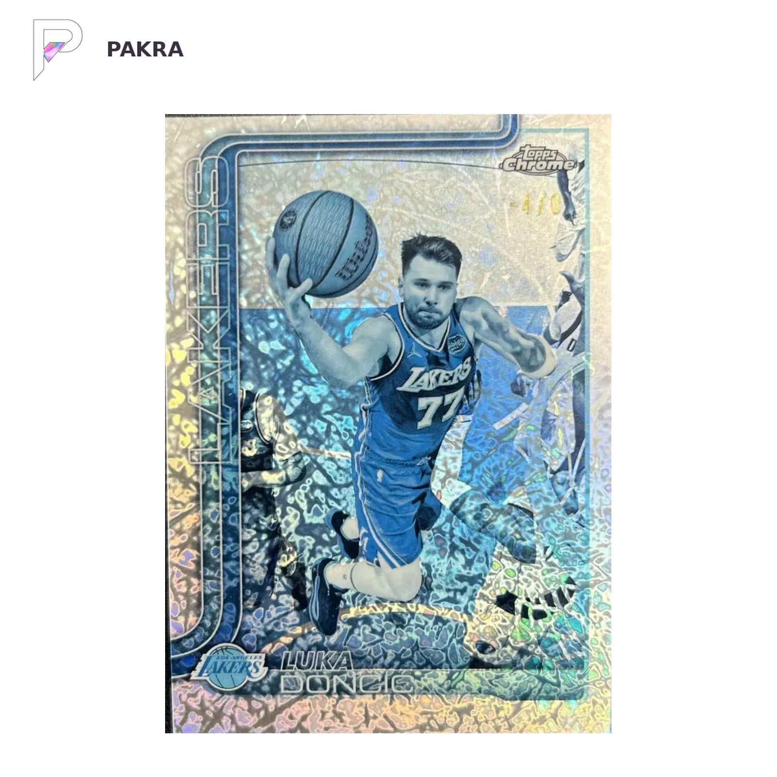 Topps Chrome Update 2025-26 Luka Doncic Lakers FROZENFRACTOR -4/0 shown on a white PAKRA background.