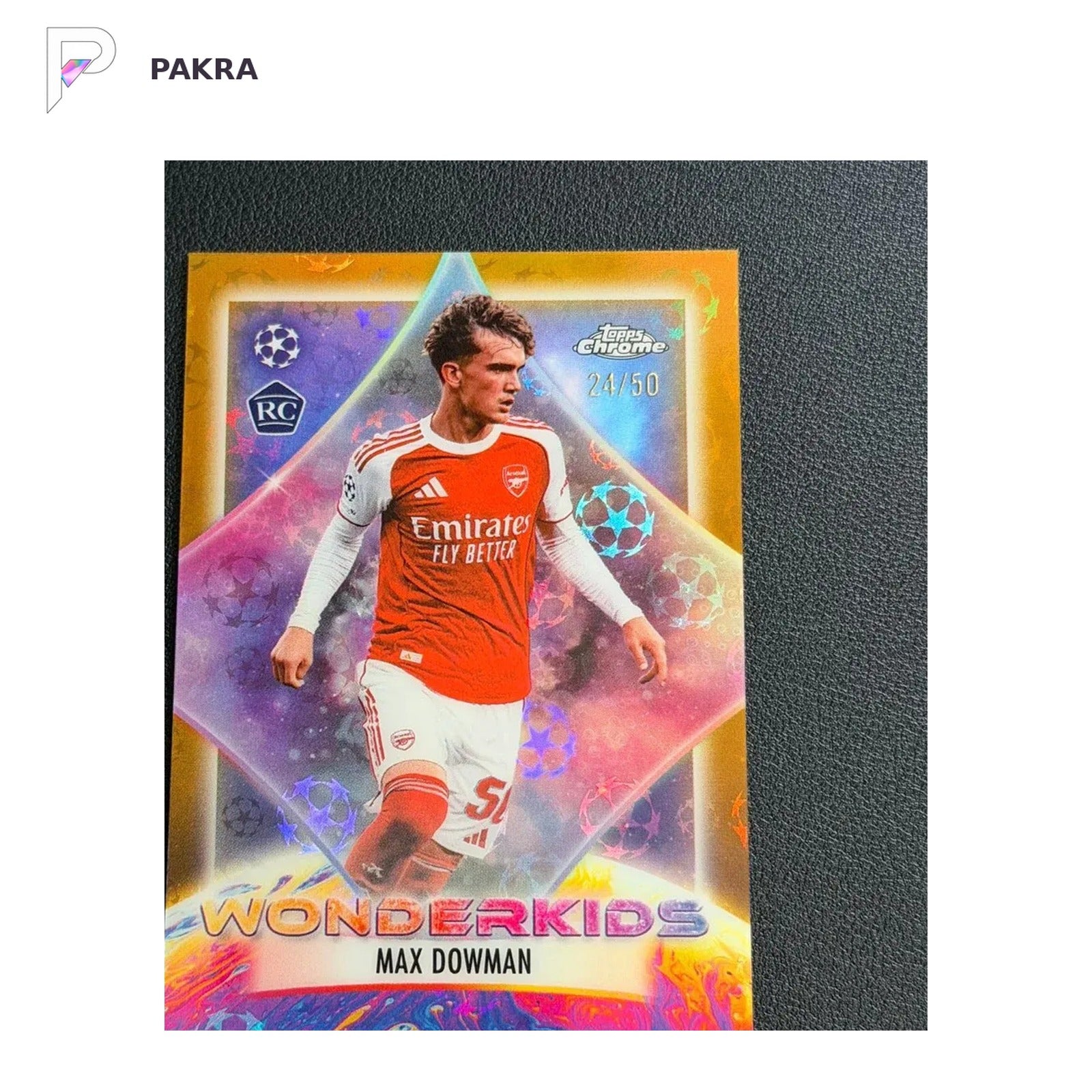 2025-26 Topps Chrome Max Dowman RC Rookie Gold Logofractor Wonderkids /50 shown on a white PAKRA background.