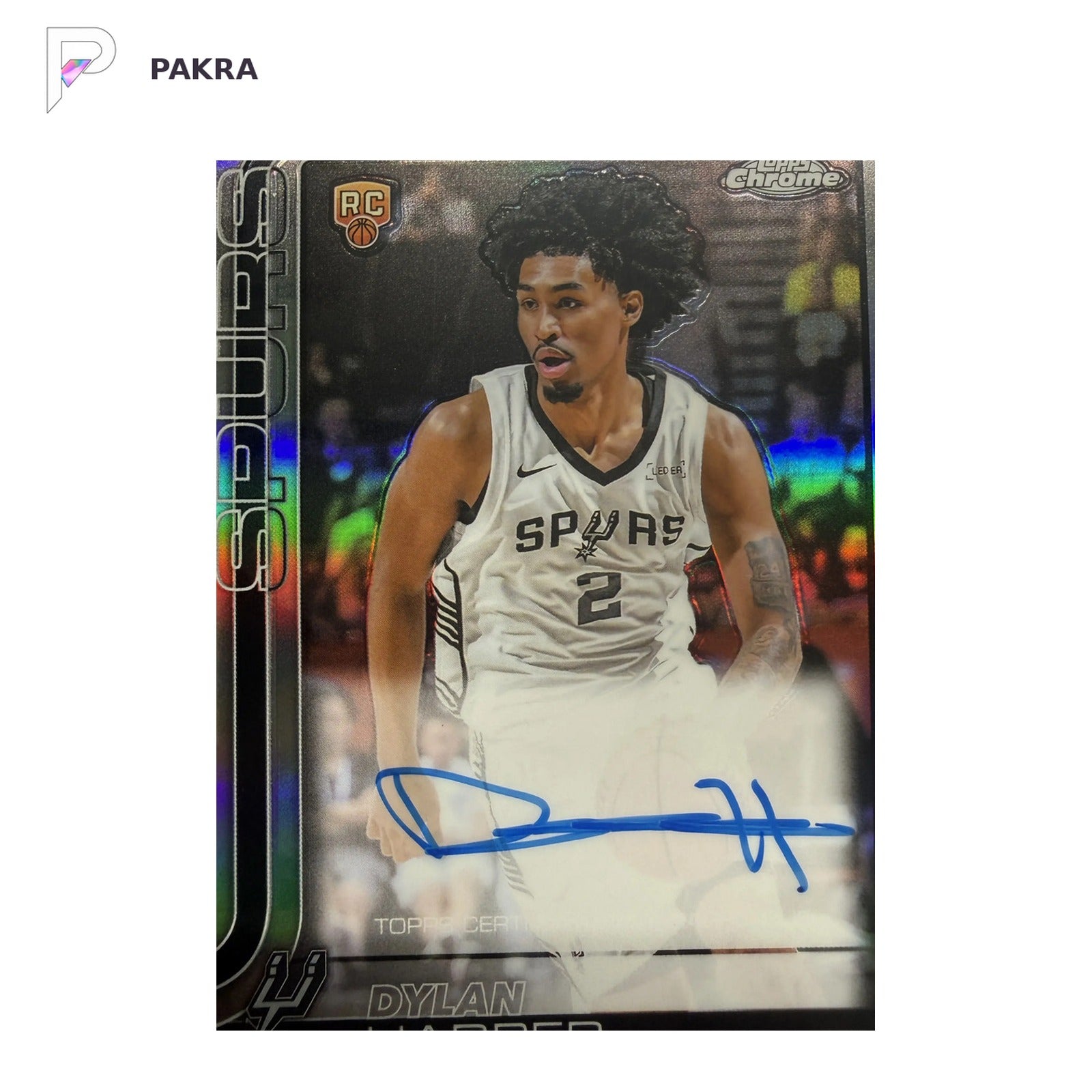 2025-26 Topps Chrome Auto Dylan Harper RC Rookie #TCAR-DH Refractor Spurs shown on a white PAKRA background.