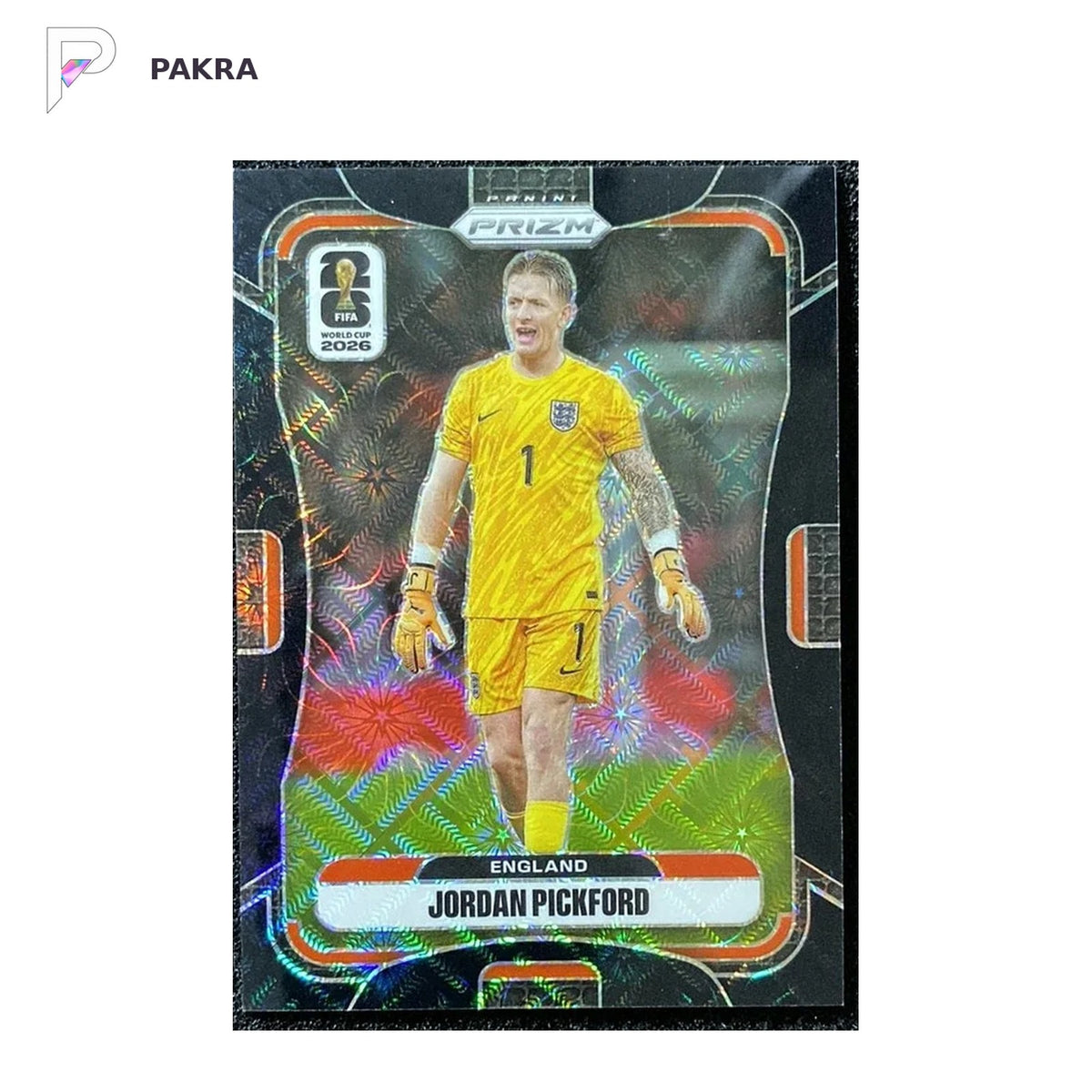 2026 Panini Prizm FIFA World Cup Jordan Pickford Black 1/1 England #111 shown on a white PAKRA background.