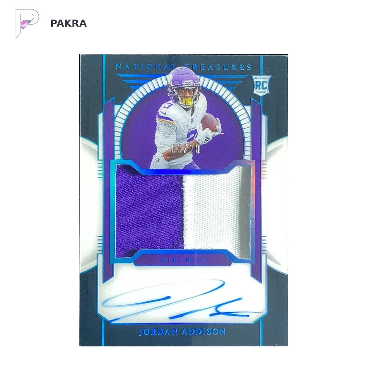 2023 Panini National Treasures Patch Auto RPA Jordan Addison RC PLAT. 3/20 shown on a white PAKRA background.