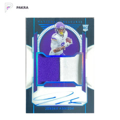 2023 Panini National Treasures Patch Auto RPA Jordan Addison RC PLAT. 3/20 shown on a white PAKRA background.