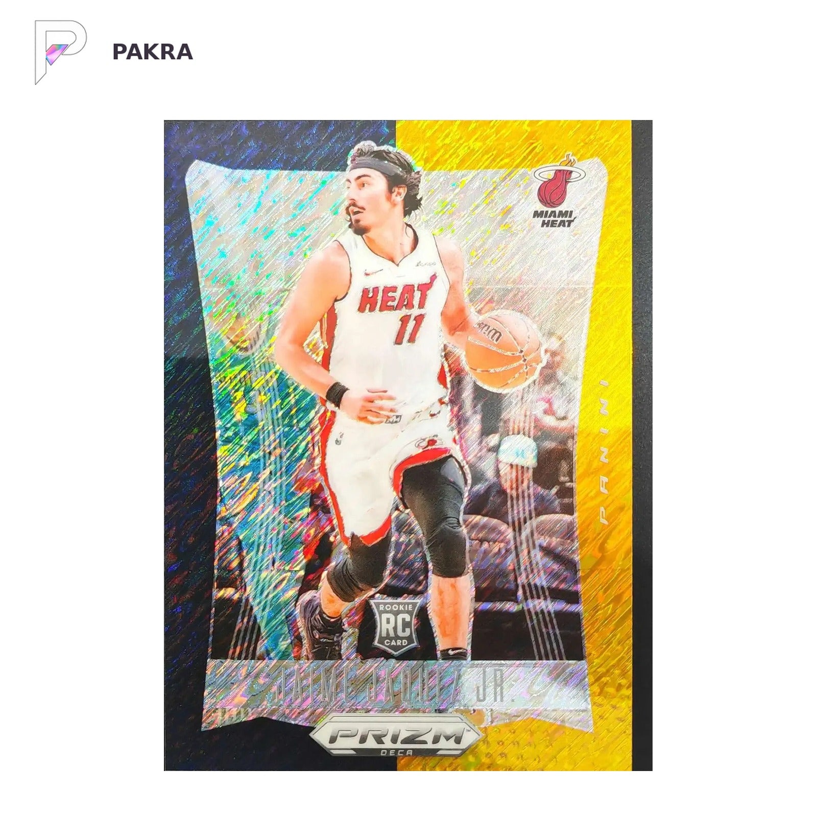 2023-24 Panini Prizm Deca #129 Jaime Jaquez Jr. RC - Black Gold Shimmer 4/8 shown on a white PAKRA background.