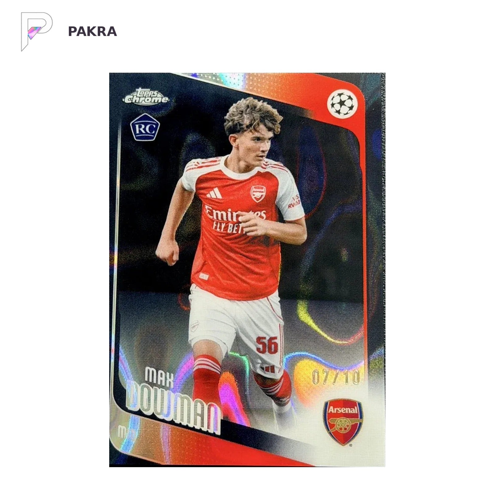 2025-26 Topps Chrome UEFA Max Dowman RC Rookie Black Lava /10 Arsenal shown on a white PAKRA background.