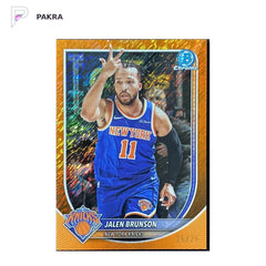 2025 Topps Bowman Chrome Jalen Brunson Orange Shimmer 25/25 colormatch shown on a white PAKRA background.