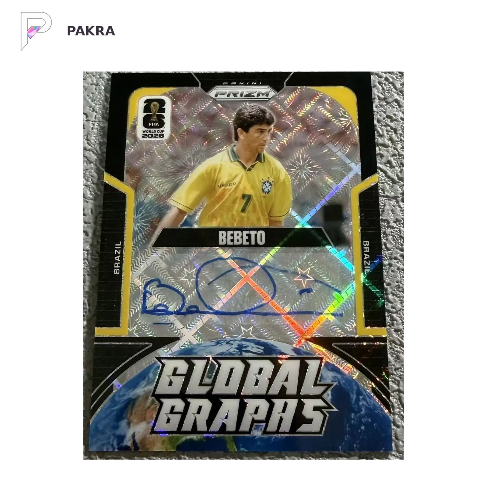 Panini 2026 Prizm FIFA World Cup Bebeto brazil Auto 1/1 shown on a white PAKRA background.