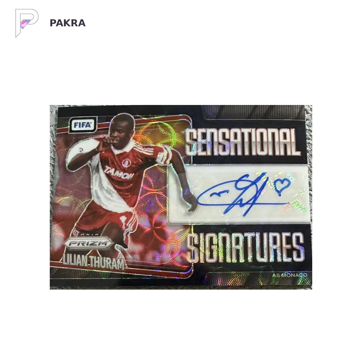 Lilian Thuram 2025 Panini Prizm FIFA Sensational Signatures Auto black 1/1 shown on a white PAKRA background.