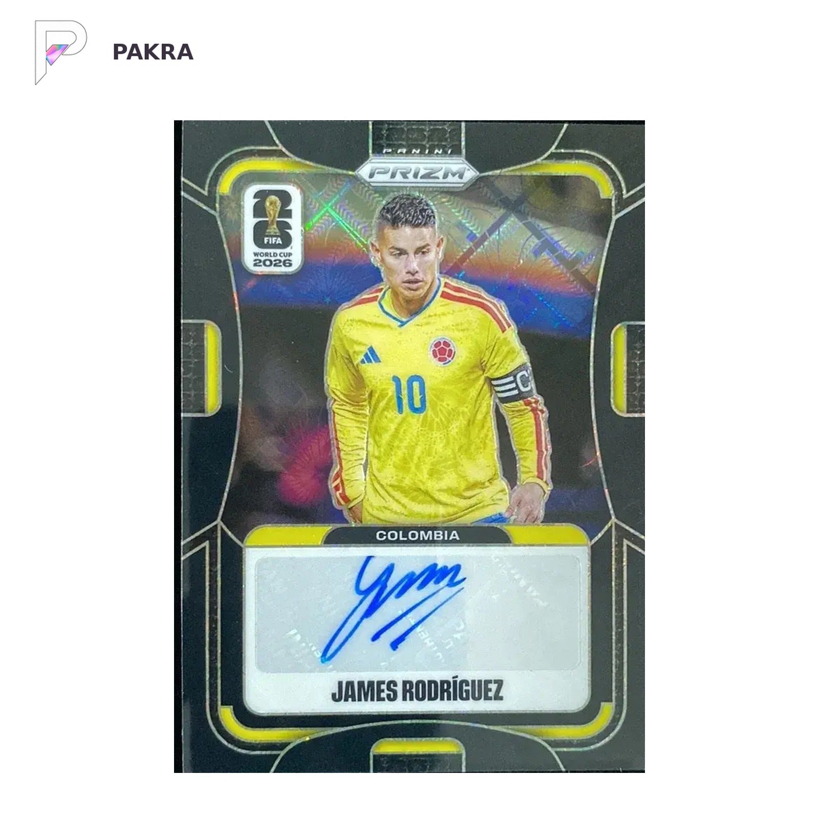 2026 Panini Prizm FIFA World Cup James Rodriguez auto 1/1 black Colombia shown on a white PAKRA background.