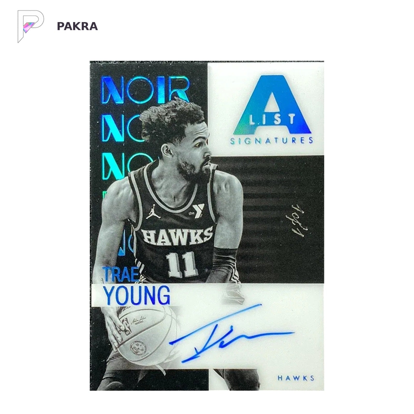 2024-25 Panini Noir A-List Signatures Platinum #AL-TRY Trae Young Auto 1/1 shown on a white PAKRA background.