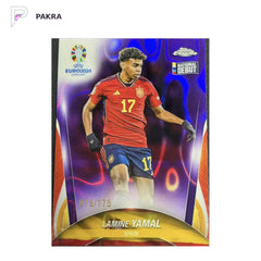 2024 Topps Chrome Euro Debut Lamine Yamal RC Rookie 019/175 Jersey Number shown on a white PAKRA background.