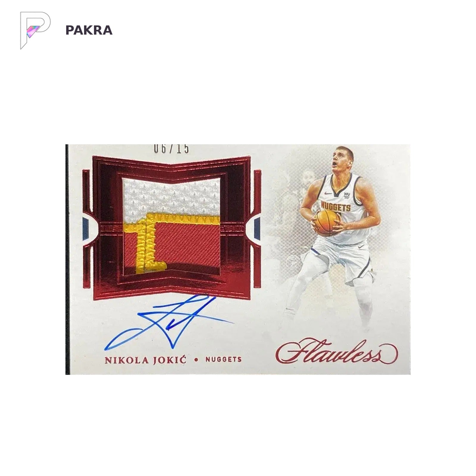 2020-21 Panini Flawless Ruby #FPA-JOK Nikola Jokic GU Patch Auto 6/15 shown on a white PAKRA background.