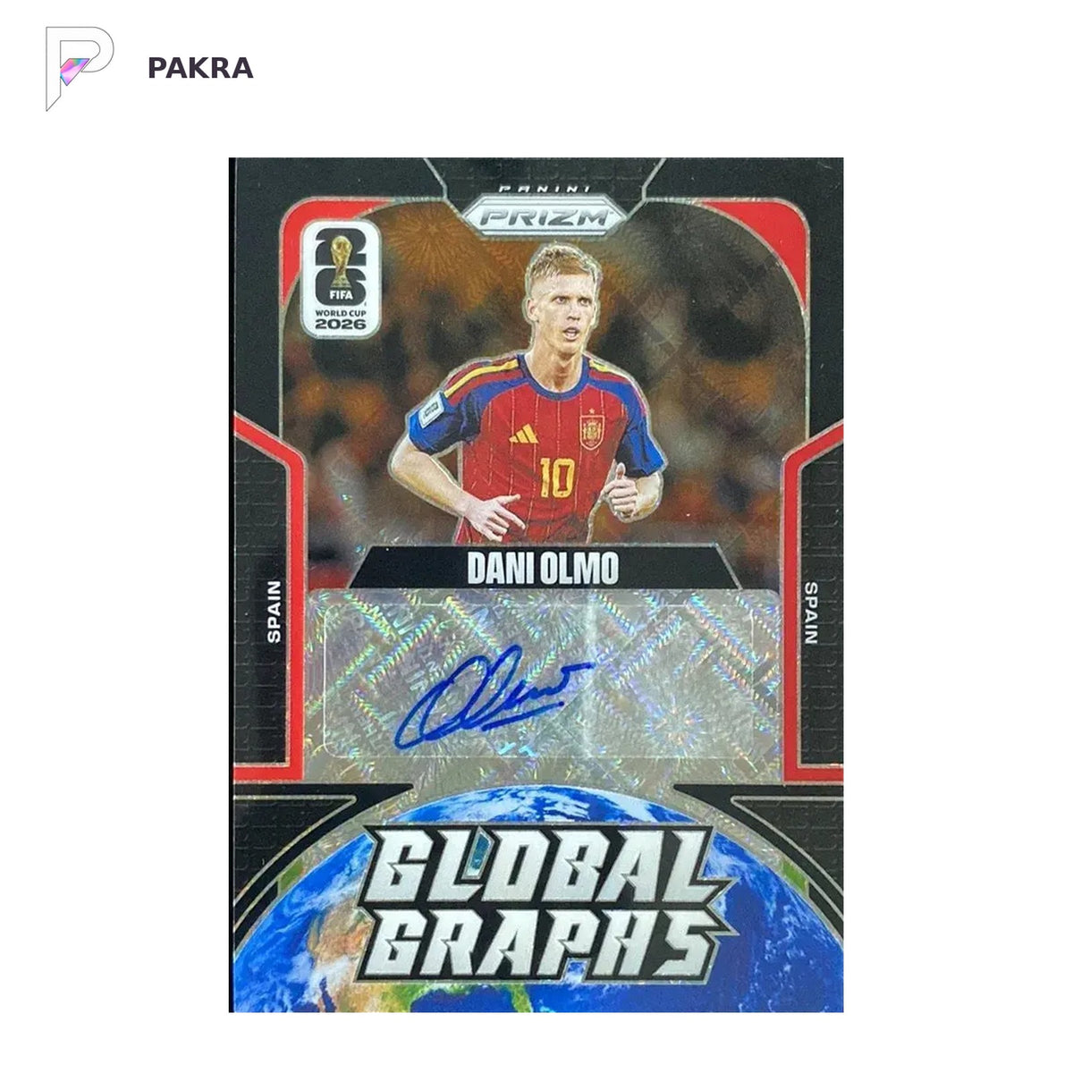 2026 Panini Prizm FIFA Global Graphs Dani Olmo Auto Black 1/1 Spain shown on a white PAKRA background.