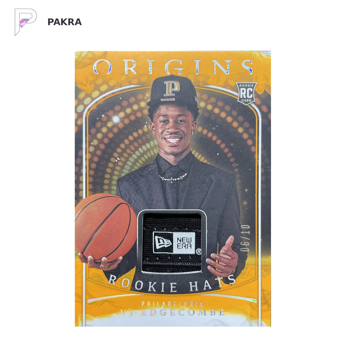 2025-26 Origins Patch Draft Night Worn VJ Edgecombe #RH-VJE Gold 6/10 RC shown on a white PAKRA background.