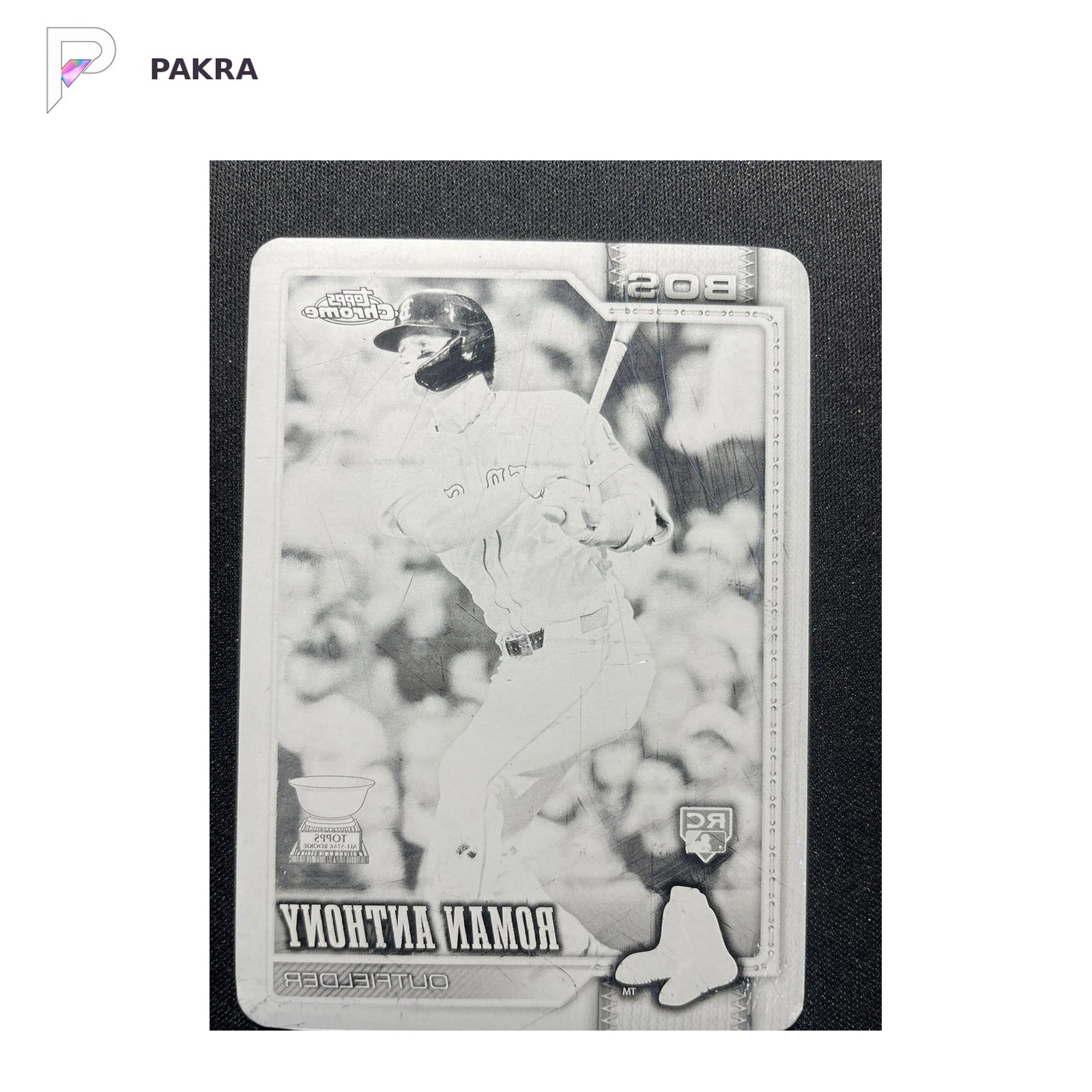 2026 Topps Chrome Black Printing Plate #225 Roman Anthony RC 1/1 Red Sox shown on a white PAKRA background.