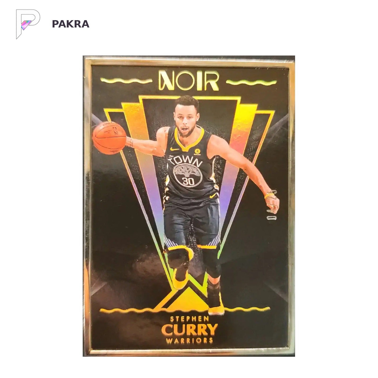 2017-18 Noir Stephen Curry 04/25 gold metal rare shown on a white PAKRA background.