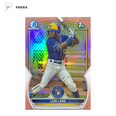 2023 Topps Bowman Chrome Luis Lara 1st #BCP-100 Rose Gold Refractor 7/10 shown on a white PAKRA background.