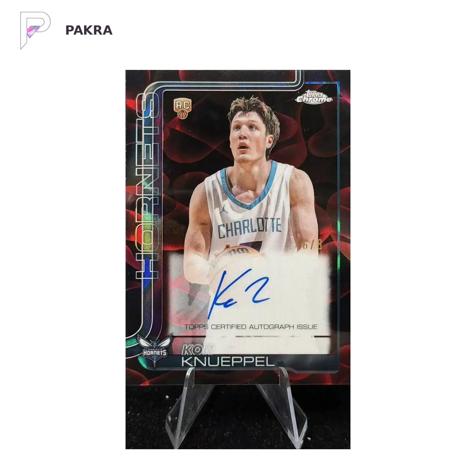 2025-26 Topps Chrome Update Kon Knueppel Rookie Auto RA-KK /8 shown on a white PAKRA background.
