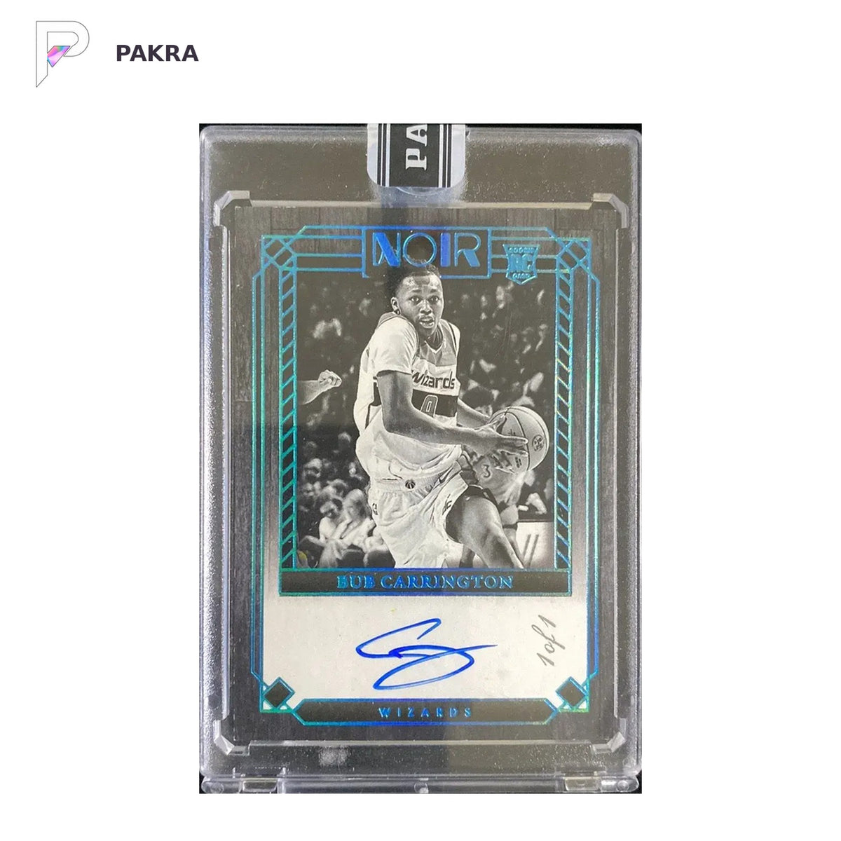 2024-25 Panini Noir Bub Carrington RC Rookie Auto Platinum 1/1 #399 Sealed shown on a white PAKRA background.
