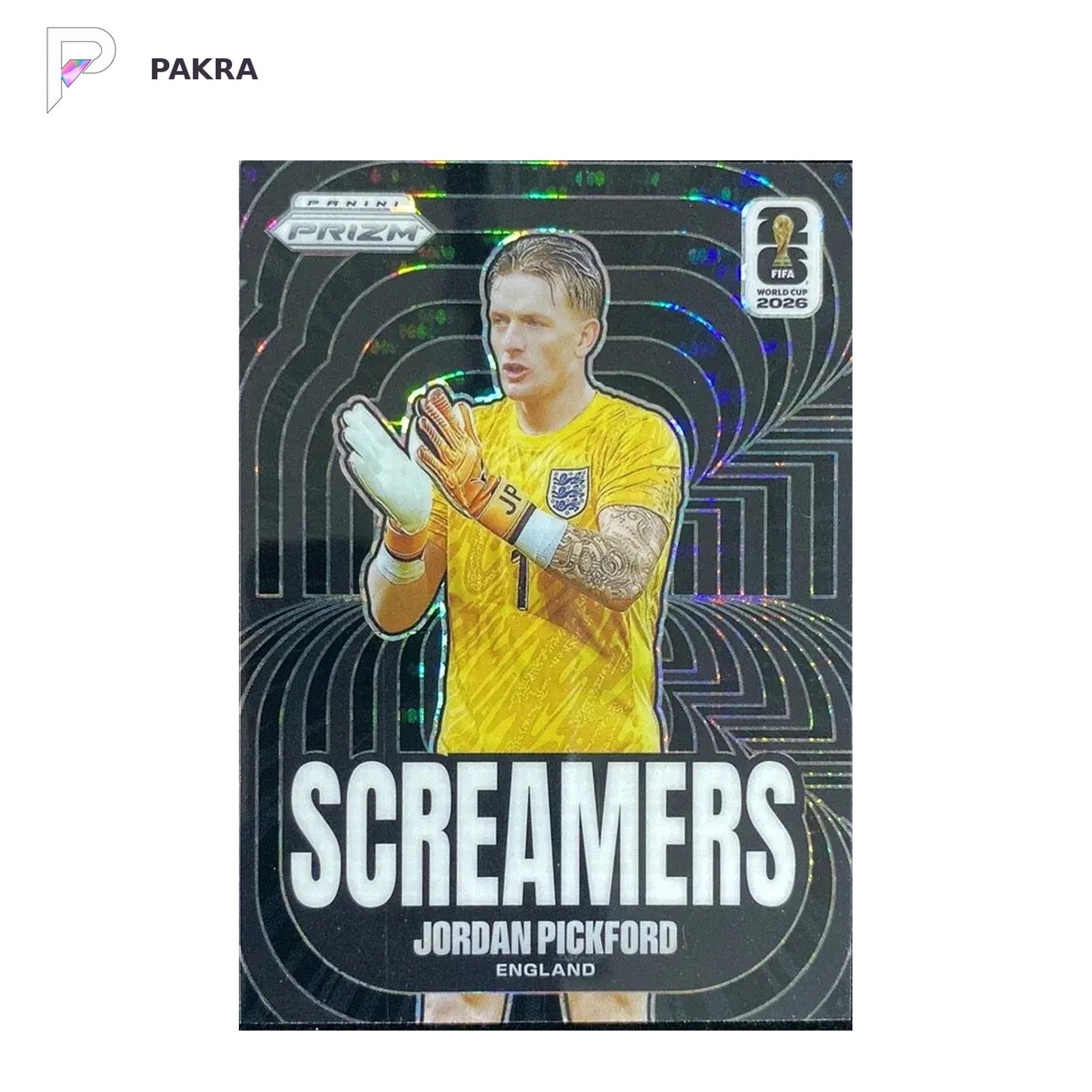 Jordan Pickford 2026 Panini Prizm World Cup #2 Black Screamers 1/1 England shown on a white PAKRA background.