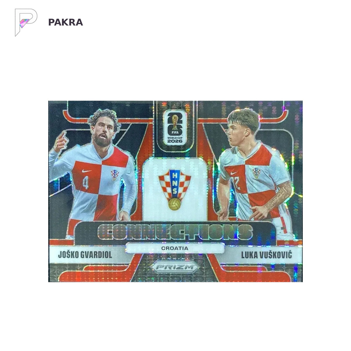 2026 Prizm JOSKO GVARDIOL LUKA VUSKOVIC CONNECTIONS black pulsar 1/1 #8 shown on a white PAKRA background.