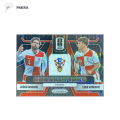 2026 Prizm JOSKO GVARDIOL LUKA VUSKOVIC CONNECTIONS black pulsar 1/1 #8 shown on a white PAKRA background.
