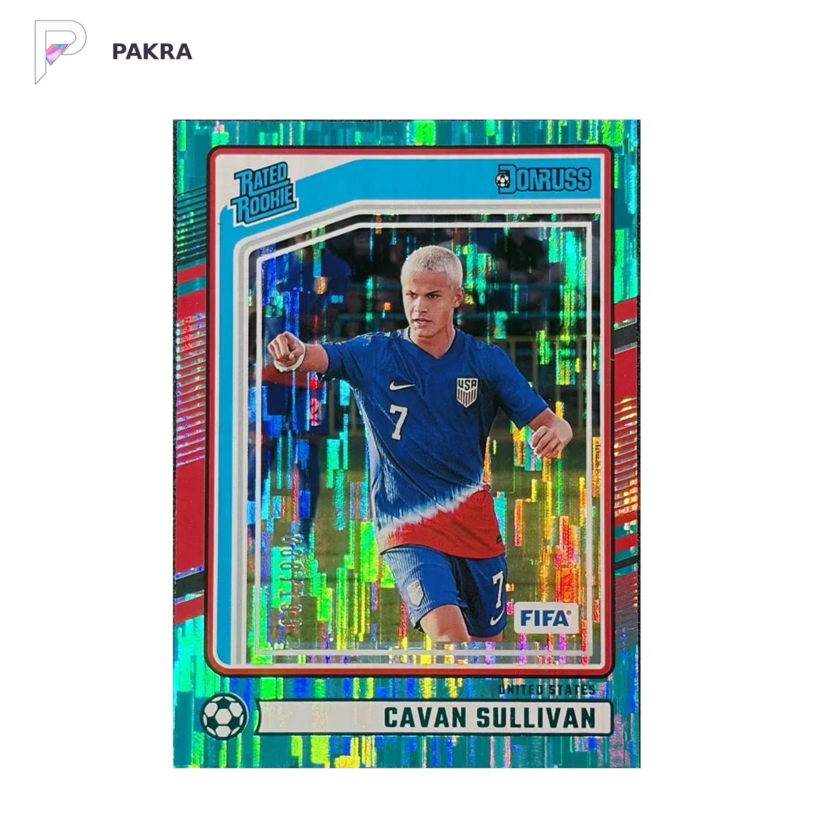 2024-25 Panini Donruss FIFA Cavan Sullivan Rated Rookie Teal /199 shown on a white PAKRA background.