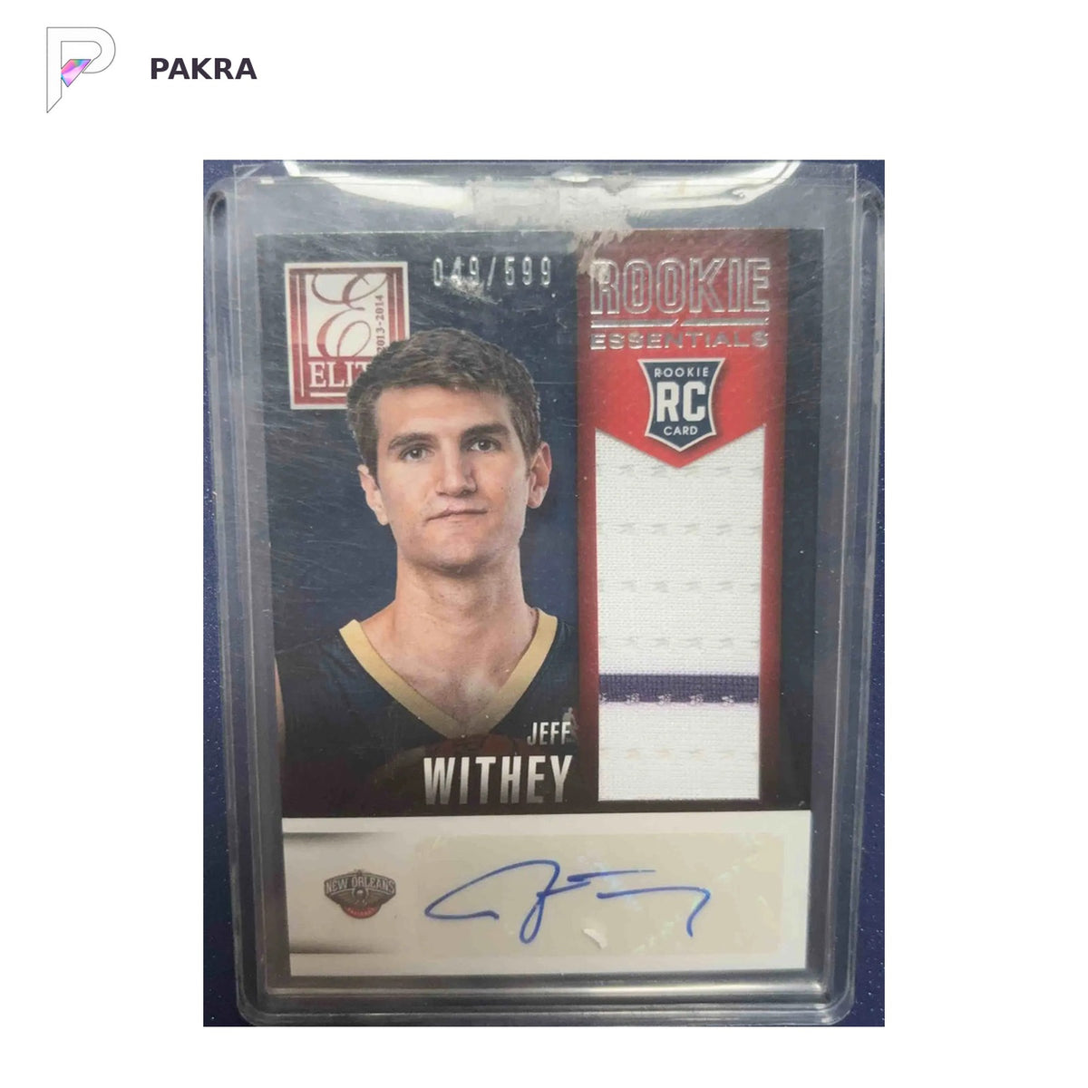 2013 Panini Rookie Essentials Jeff Withey RC AUTO 049/599 shown on a white PAKRA background.