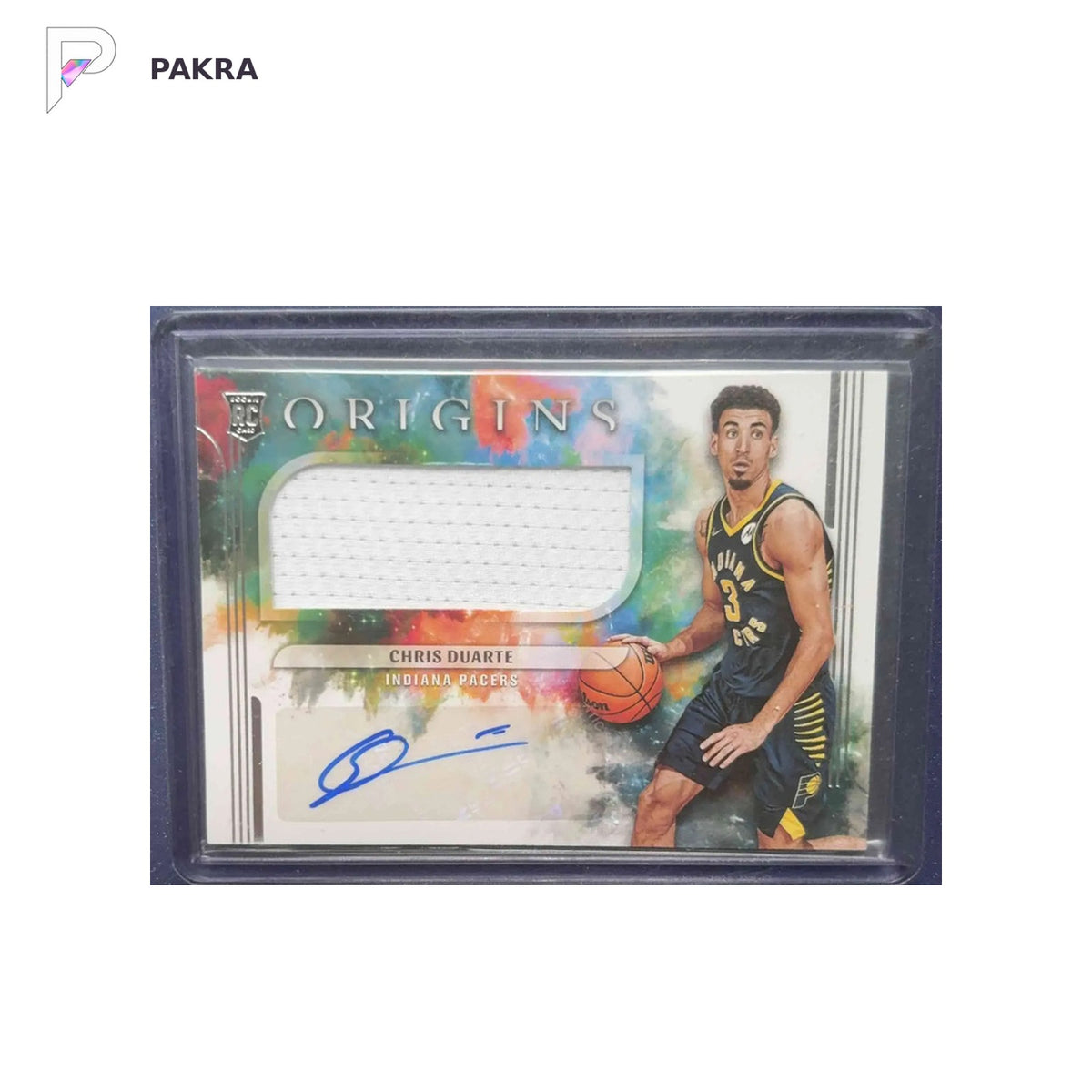 2021 Panini 2021-22 Panini Origins Chris Duarte RC AUTO shown on a white PAKRA background.