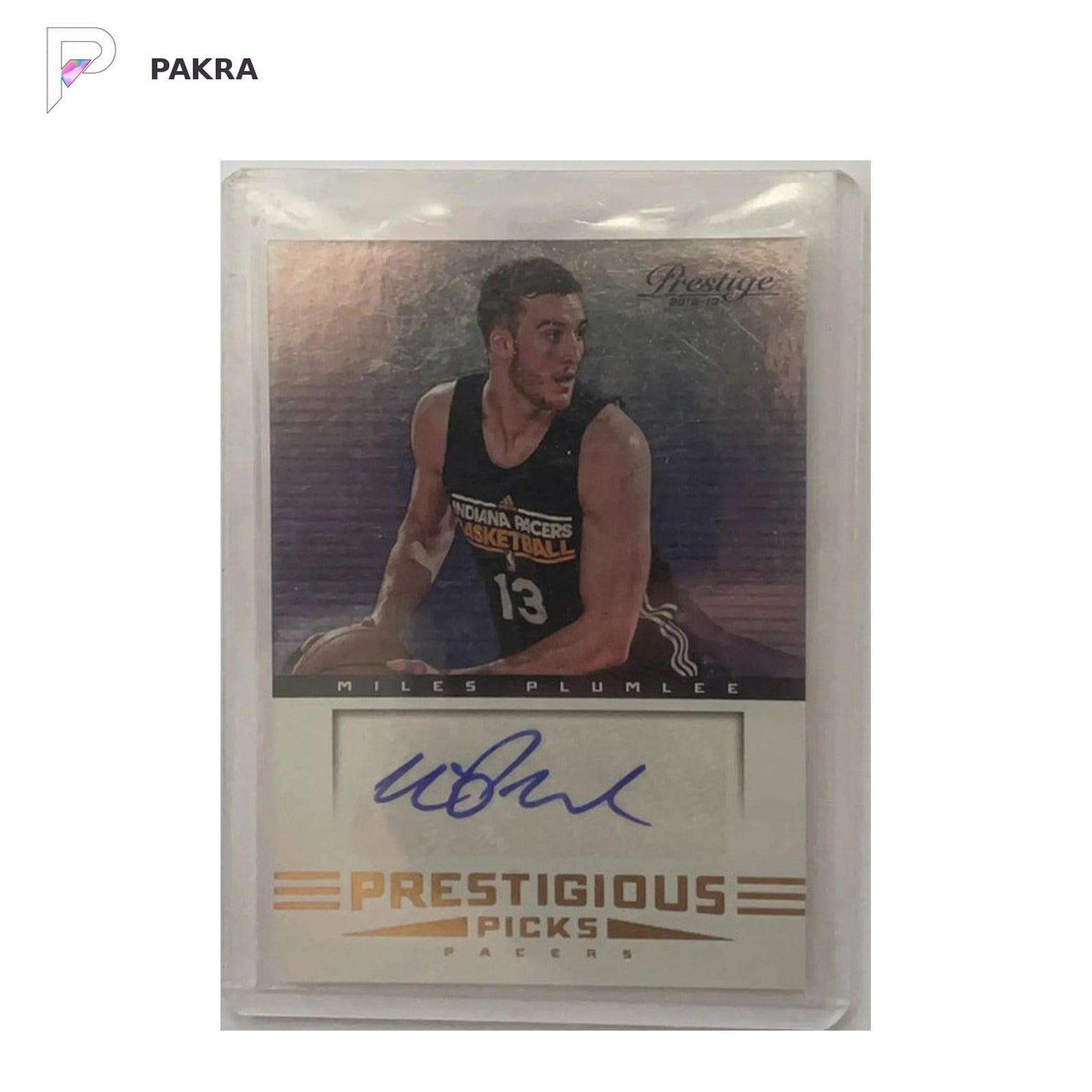 2012 Panini Prestige Prestigious Picks Miles Plumlee RC AUTO shown on a white PAKRA background.