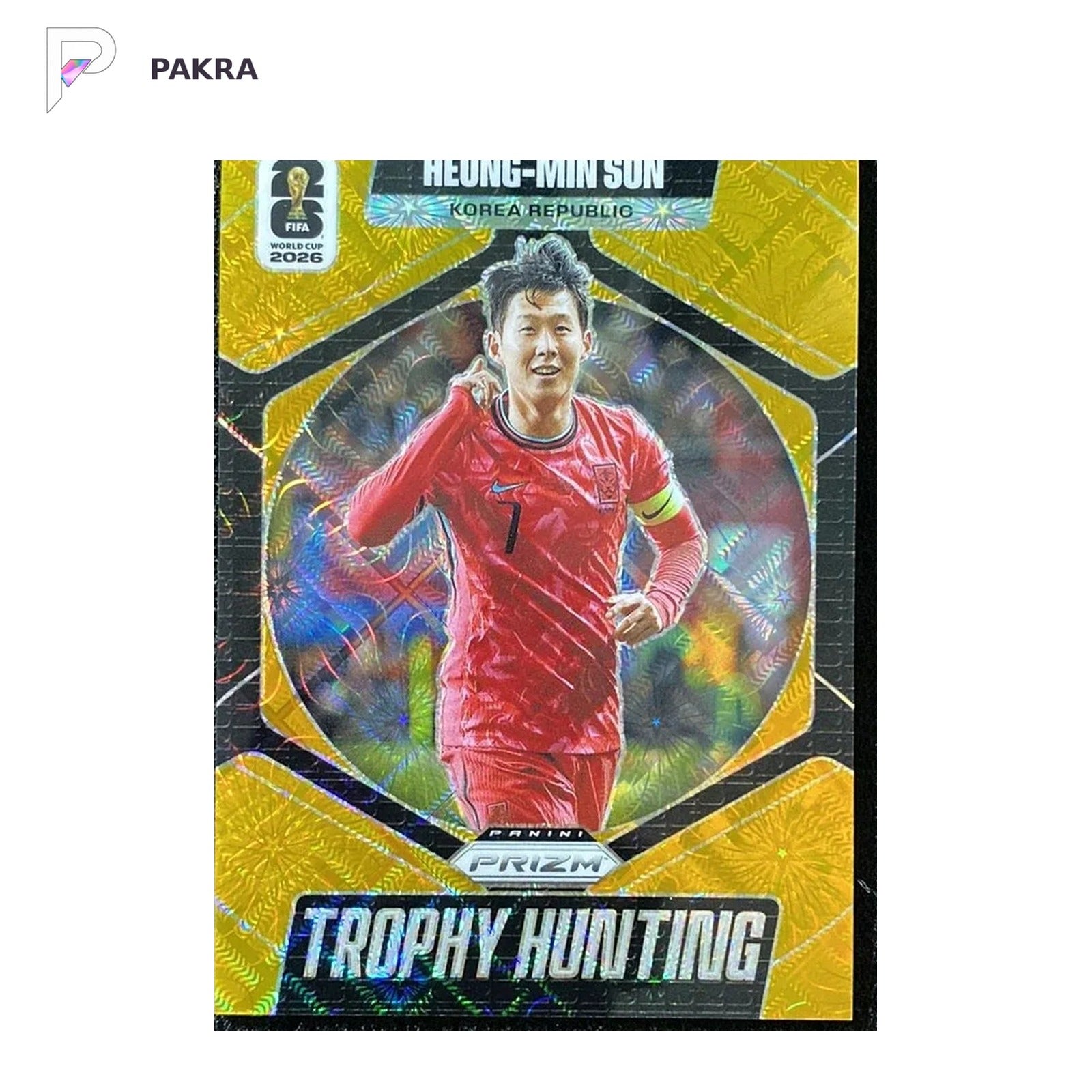 Heung-Min Son 2026 Prizm Trophy Hunting Lattice Gold 7/10 jersey number #13 shown on a white PAKRA background.