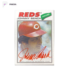 2026 Topps Heritage Johnny Bench Real One Autographs 11/77 #77RO-JB shown on a white PAKRA background.